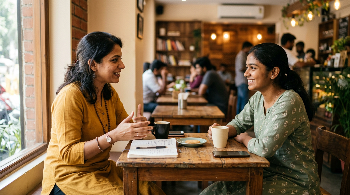 A mentor talking with a student over coffee